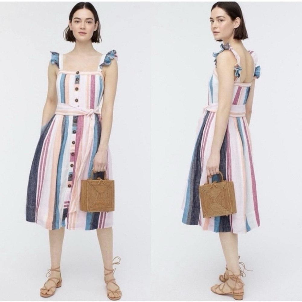 J Crew Button Up Midi Belted Linen Dress Mixed Stripe AK255